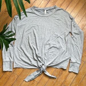 NWT Elan grey yellow striped tie front sweater size S